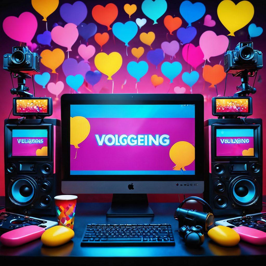 A vibrant and dynamic scene featuring a colorful multimedia setup with cameras, microphones, and monitors displaying adult entertainment vlogging. Include playful, abstract illustrations representing creativity and engagement, such as speech bubbles, play buttons, and hearts. The atmosphere should be energetic and inviting, blending elements of modern technology with an artistic flair. super-realistic. vibrant colors. 3D.