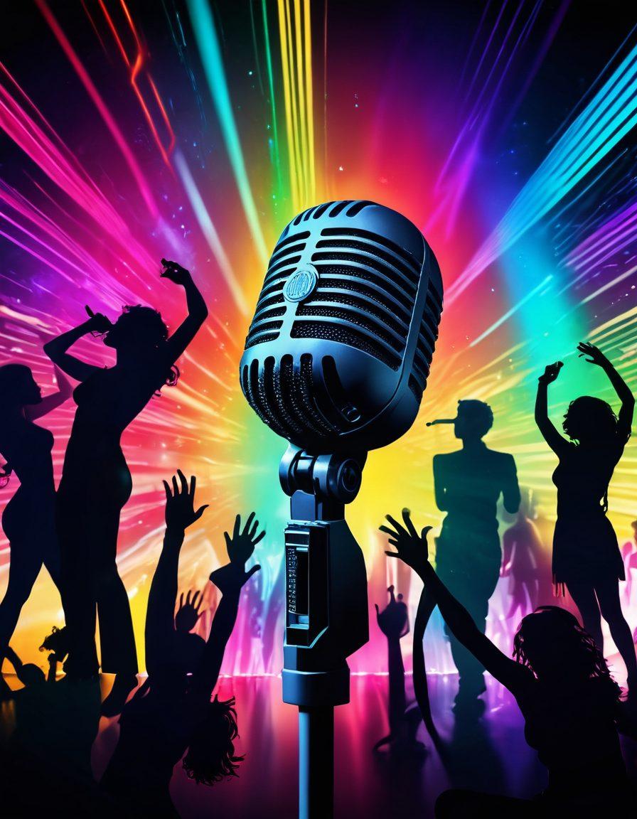 A dynamic collage that blends audio and visual elements, featuring a vintage microphone morphing into vibrant sound waves, surrounded by enticing visuals of adult entertainment themes like silhouettes of dancers and playful imagery. Rich colors that convey passion and excitement, combining elements of sound and sight in a seamless harmony. The background should portray an abstract nightlife setting with sparkling lights and soft gradients. vibrant colors. 3D.